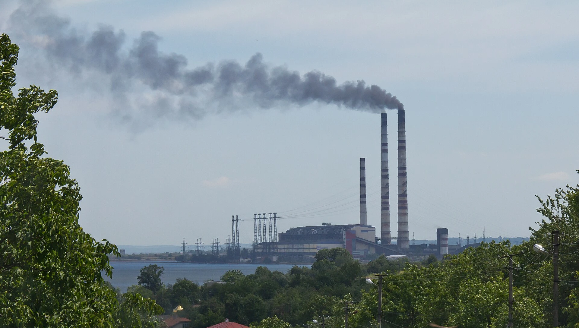 Burshtyn thermal power plant in Ukraine, with its main building and chimneys.