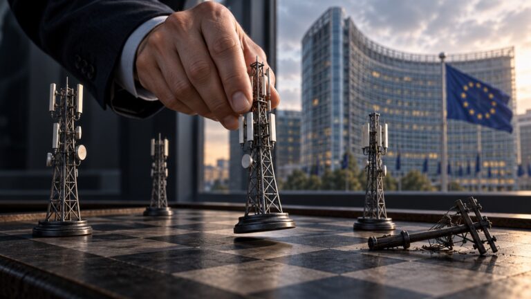 AI editorial illustration: a hand moves a telecom tower chess piece, with the European Commission and EU flag behind.
