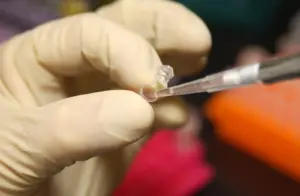 NHGRI researcher using a pipette, 29 July 2004. Illustrative archive; not the BioFire product or an Ebola sample.