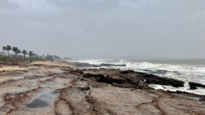 Rough seas at Thotlakonda beach near Visakhapatnam during Cyclone Fani, 2 May 2019. Archive coastal illustration; not Cyclone Arnab in October 2026.