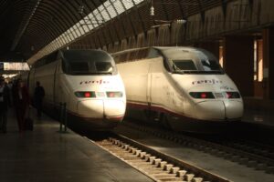AVE Class 100 trains at Seville Santa Justa station, 14 March 2009. Illustrative archive; not the Urda collision, its trains or rescue operation.