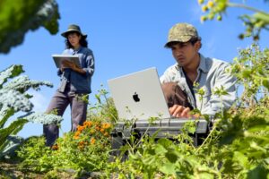 Двама души използват новия MacBook Pro на открито. Официална снимка на Apple от 27 октомври 2026 г., предоставена от производителя.