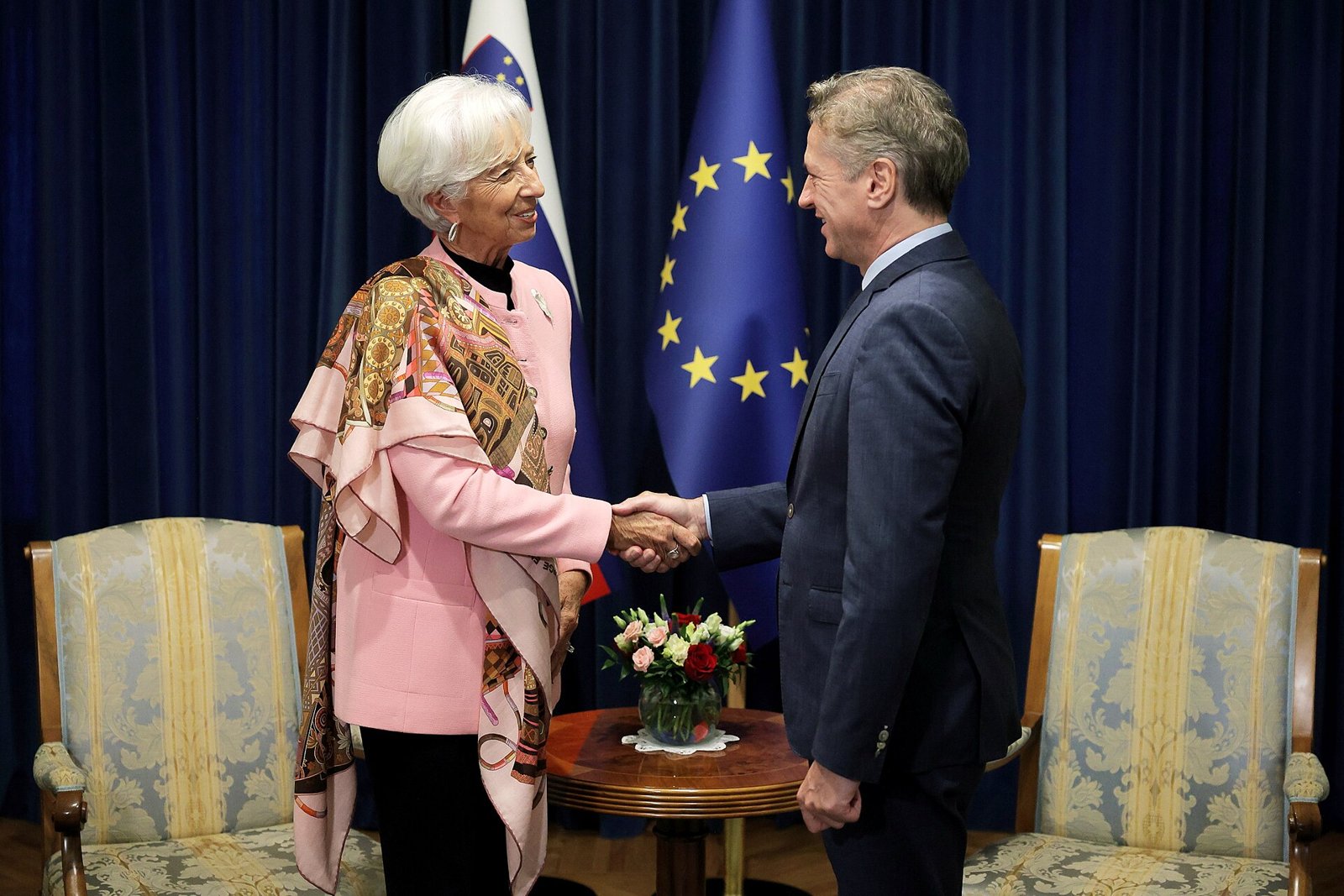 Christine Lagarde with Slovenian Prime Minister Robert Golob, 15 October 2024. Archive meeting, not the resignation announcement.