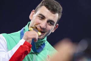 Semen Novikov with his Paris Olympic gold medal, 8 August 2024. Archive; not the 2026 world championships.