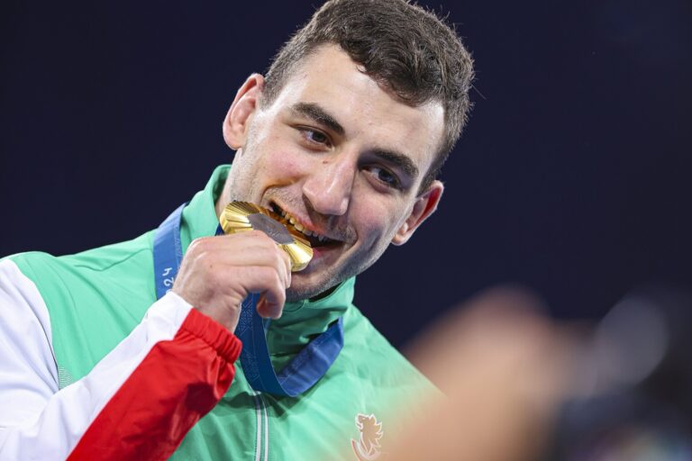 Semen Novikov with his Paris Olympic gold medal, 8 August 2024. Archive; not the 2026 world championships.