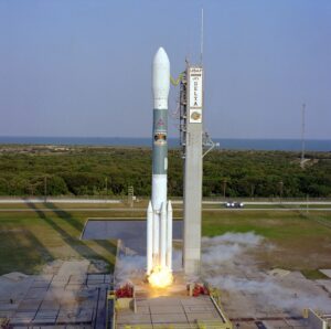 A Delta II rocket launches a Globalstar mission from Cape Canaveral, 24 April 1998. US government archive; not a new Amazon Leo launch or the acquisition announcement.