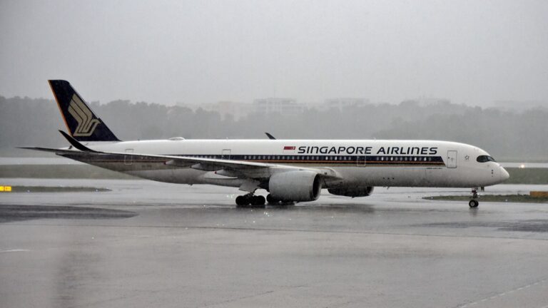 Singapore Airlines Airbus A350-941 9V-SHB at Singapore Changi Airport in heavy rain, 14 May 2024. Archive; not a Project Beacon delivery or proof of SAF use on this flight.