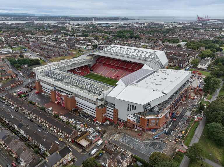 Anfield stadium, 31 July 2023. Archive aerial view, not the Liverpool–Chelsea match on 28 October 2026.
