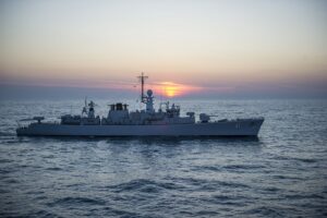 Bulgarian frigate Drazki in the Black Sea, 12 March 2014. Archive naval exercise; not the forthcoming Sofia meeting.