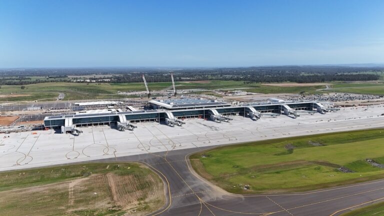 Western Sydney International terminal, aerial view, January 2025. Archive during construction; not opening day.