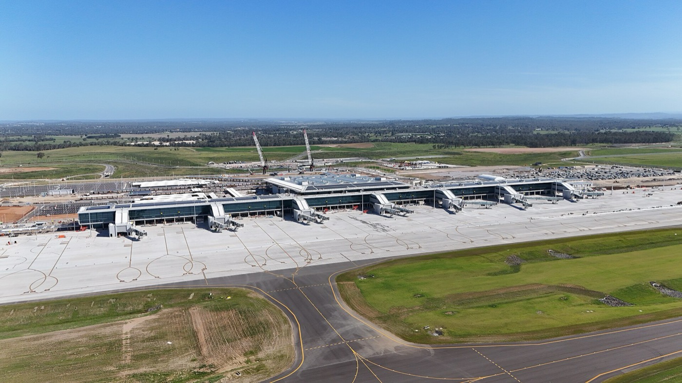 Western Sydney International terminal, aerial view, January 2025. Archive during construction; not opening day.