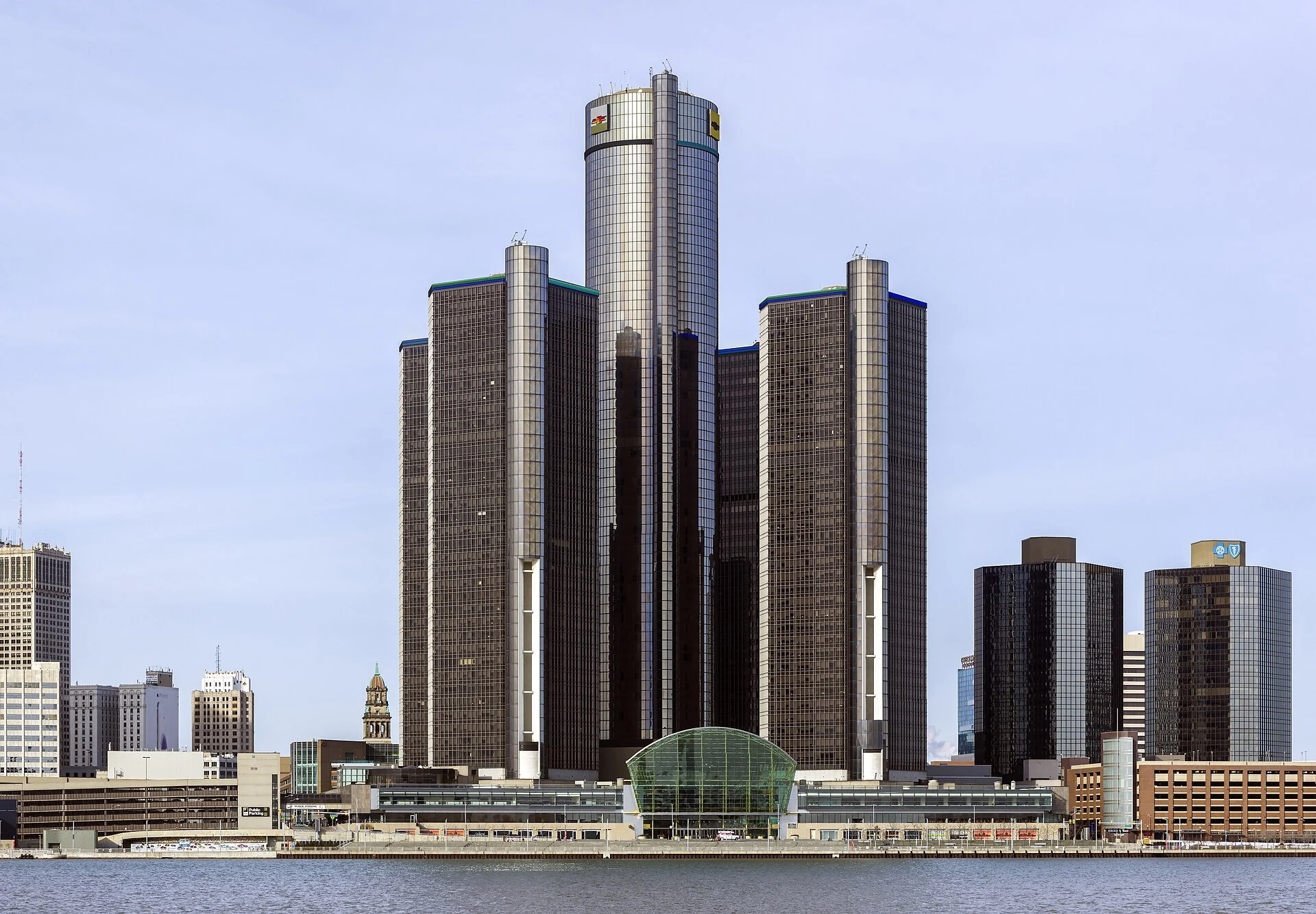 The towers of Detroit’s Renaissance Center viewed from the south.