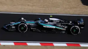Mercedes на Кими Антонели във втората тренировка за Гран при на Япония, 4 април 2025 г.; не е от Остин през 2026 г.