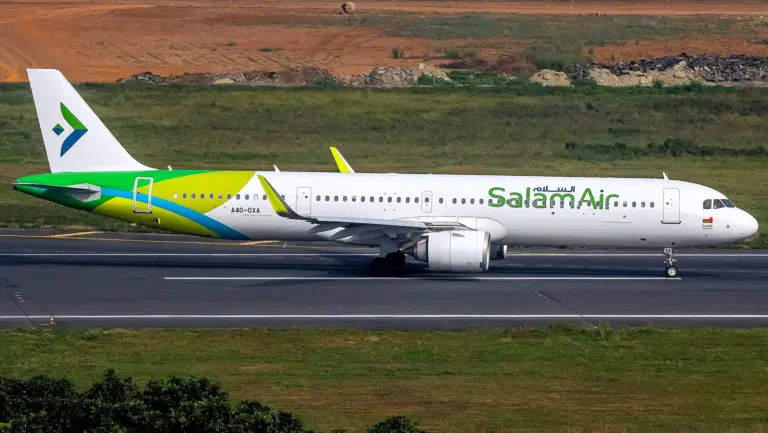 SalamAir Airbus A321 at Dhaka, May 2023; not a new-route inaugural flight.