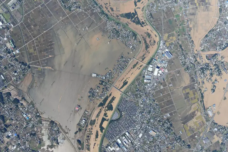 Aerial view of the Toki River flood in Japan, 2019; archive, not the current El Niño.