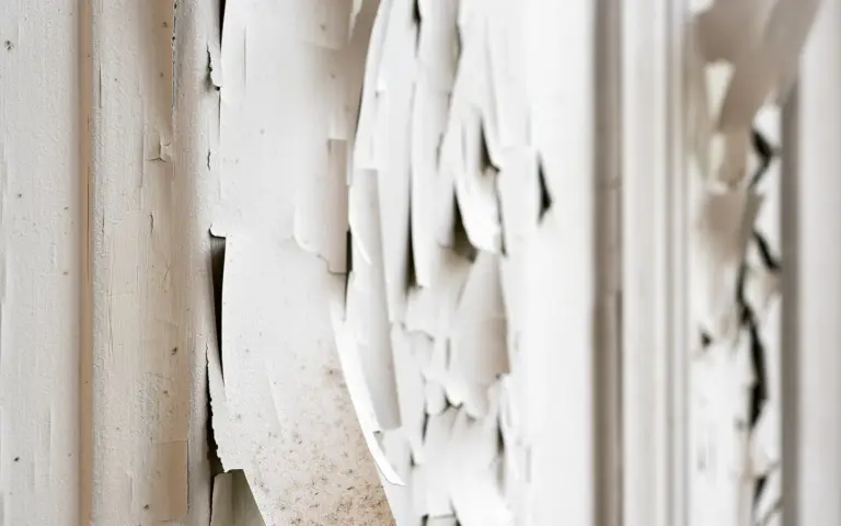 Close view of peeling paint on a window shutter in Lisbon; lead content is unknown.