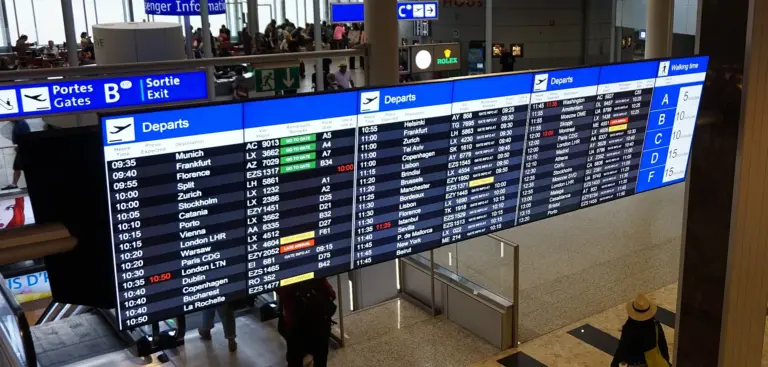 Departure information boards at Geneva Airport in 2015.