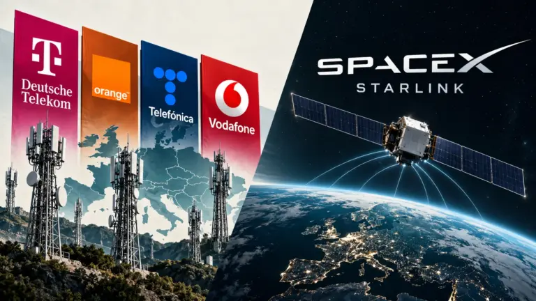 Редакционна илюстрация: Deutsche Telekom, Orange, Telefónica и Vodafone заедно срещу SpaceX и Starlink, с мобилни антени и концептуален сателит.