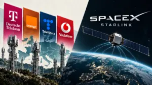 Editorial illustration showing Deutsche Telekom, Orange, Telefónica and Vodafone together opposite SpaceX and Starlink, with mobile antennas and a conceptual satellite.