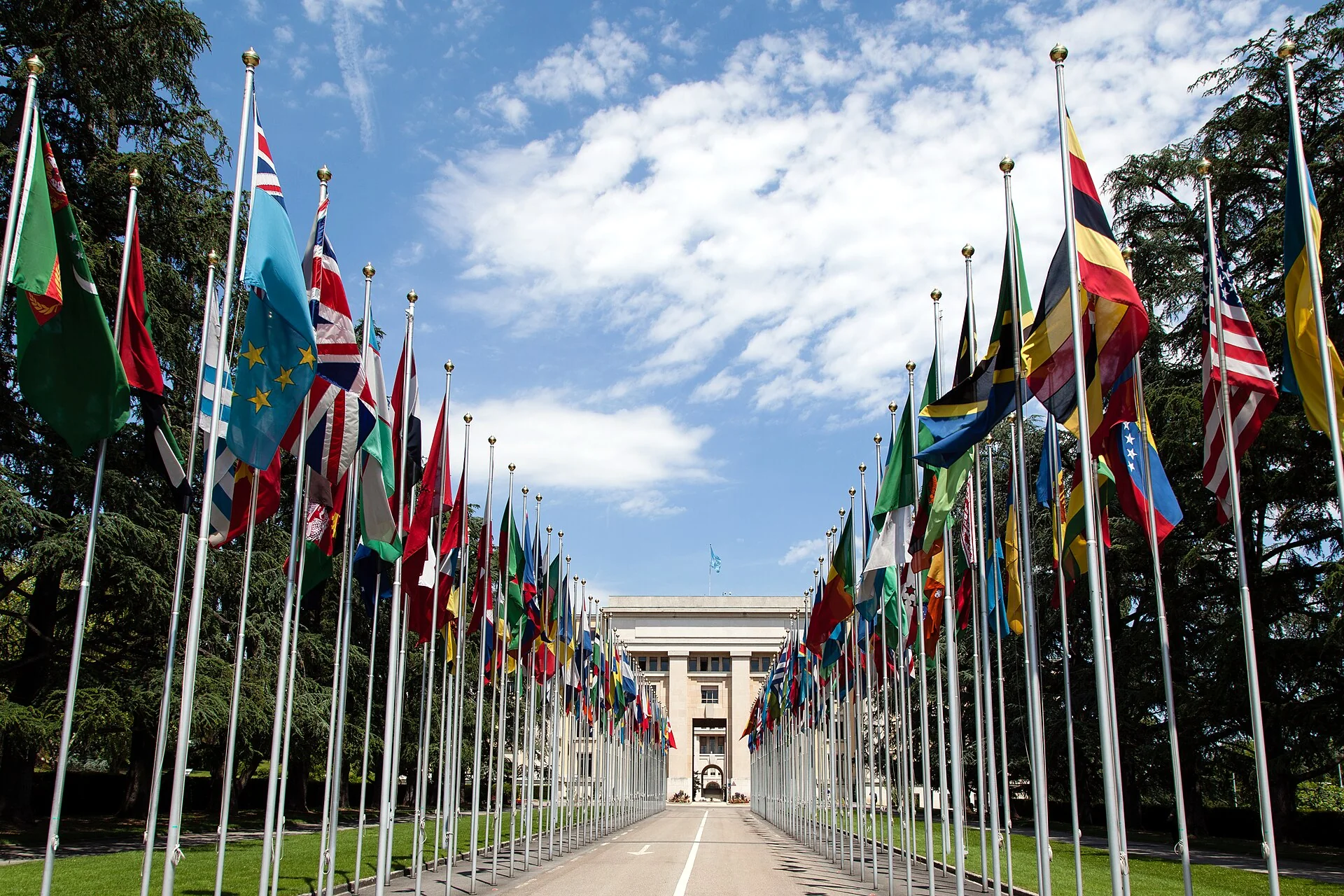National flags outside the United Nations Office at Geneva in 2012.