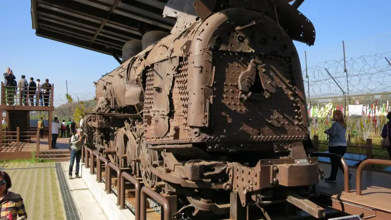 Preserved damaged locomotive at Imjingak near the inter-Korean border, photographed in 2015.